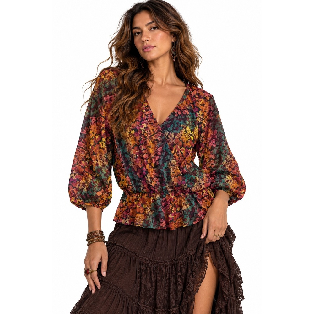 Sundance Silk Floral Blouse Top sz L Orange Teal Multi V-Neck Peplum Boho Chic